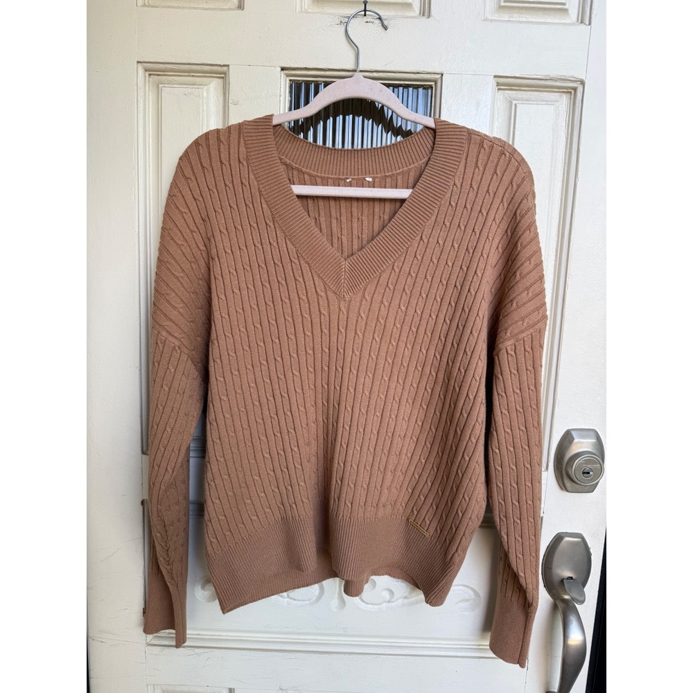 Anne Klein Womens Camel Brown Cable Knit V-Neck Pullover‎ Sweater Size Medium
